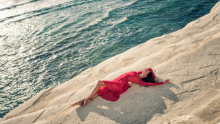 Woman beach red dress arabesque - constantine andreou free wallpaper