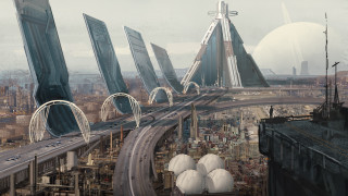 Futuristic city bridge tall buildings - the middle of the road free wallpaper