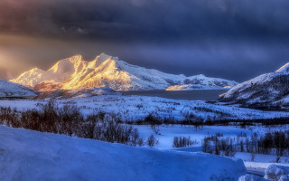 Mountain lake forest sky city 2 - dramatic light free wallpaper