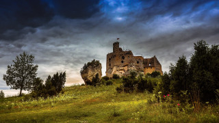 Castle hill clouds trees mountains - a dark cloud in the sky free wallpaper
