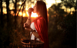 Red haired woman forest basket - long red hair free wallpaper