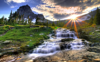Waterfall mountain sunbeam sky nature 5 - a green field below free wallpaper for desktop