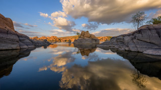 Lake rocks clouds trees dusk - albert namatjira free wallpaper