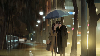 Couple kissing umbrella rain city - atey ghailan free wallpaper