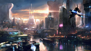 Futuristic city flying robot night - a futuristic city in the background free wallpaper for desktop