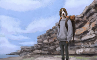 Dog cliff backpack man outdoors - a backpack free wallpaper