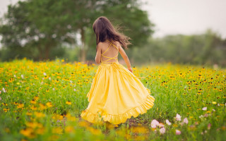 Little girl yellow dress flower - a field of flowers and grass free wallpaper
