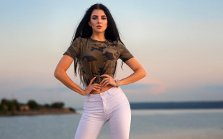 Beach woman camo shirt white - white pants free wallpaper