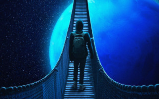 Bridge man blueplanet stars magicrealism - a blue planet in the background free wallpaper