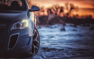Snowy car sunset forest outdoors - the sun setting behind free wallpaper