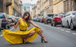 Yellow dress street fashion bokeh - a yellow dress free wallpaper