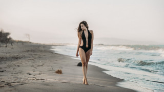 Woman beach dog sand sunset - the beach near the ocean free wallpaper