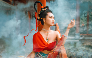 Woman red dress umbrella smoke - a red umbrella free wallpaper