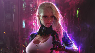 Woman cyberpunk blonde blood glowing - a white top free wallpaper for desktop