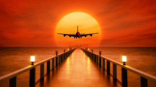 Sunset plane over pier matte - orange sky above free wallpaper