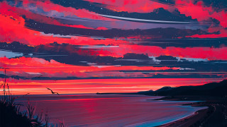 Sunset red sky clouds bird - a painting of a sunset free wallpaper