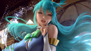 Blue hair woman green white - a picture in a room free wallpaper for desktop