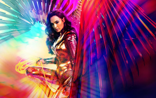 Woman shiny suit wings rainbow - a colorful background behind her free wallpaper
