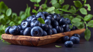 Wooden bowl blueberries green leaves - blueberry free wallpaper
