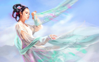 Woman dress flying scarf sky - chen yifei free wallpaper