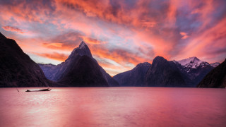 Boat mountains sunset clouds cityscape - brad holland free wallpaper for desktop