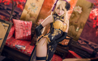 Cosplay blonde woman chinese dress - a picture in a living room free wallpaper