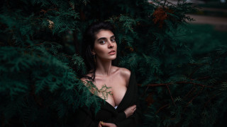 Woman black dress tree portrait - free vintage wallpaper for desktop