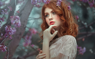 Woman redhair whitedress cherryblossoms cosplay - purple flower free wallpaper for desktop