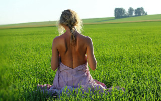 Woman field backlit blonde bun - green grass free wallpaper