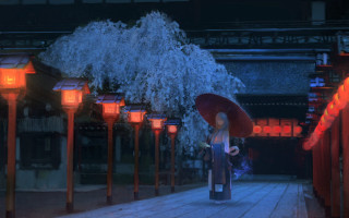 Woman red umbrella night lanterns - a red umbrella free wallpaper