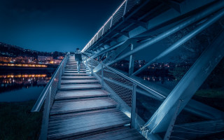 Wooden walkway lake night cityscape - a wooden walkway free wallpaper for desktop