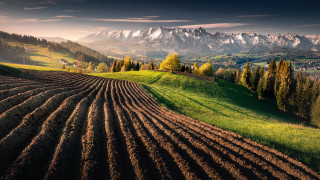 Plowed field mountains sunset sky - free landscape wallpaper