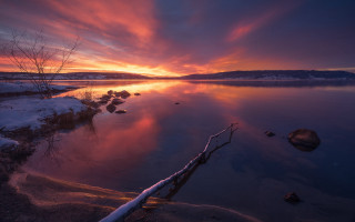 Sunset lake rocks trees mystical - a few rock free wallpaper