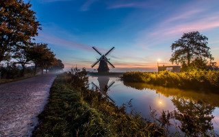 Windmill river bank sunset path - a windmill free wallpaper for desktop