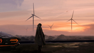 Sunset beach car windmills person - art greg rutkowski free wallpaper