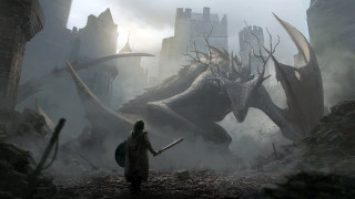 Man dragon castle fantasy sword - art greg rutkowski free wallpaper