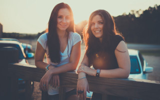 Two women bench truck sunset - a wooden bench next free wallpaper