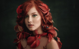 Red haired woman leaves neck - anka zhuravleva free wallpaper for desktop
