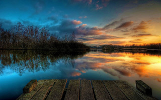 Lake dock sunset clouds mountains - a dock free wallpaper