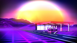 Futuristic busstop mountains sun 3d - a bright sun in the sky above free wallpaper