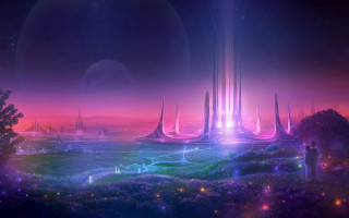 Futuristic city night rainbow stars - sci fi fantasy free wallpaper