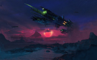 Sci fi flying mountain night 2 - a red sun in the background free wallpaper