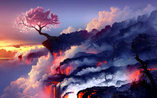Volcano tree lava sunset painting 2 - cyril rolando free wallpaper