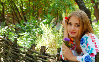 Woman fence flowers smile outdoors - a bunch of flowers free wallpaper