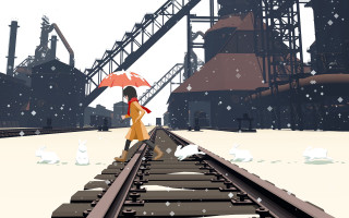 Woman umbrella snow train factory - atey ghailan free wallpaper for desktop