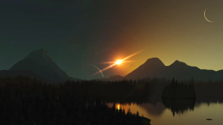 Sunset mountain lake trees crescent - a sunset over a mountain range free wallpaper
