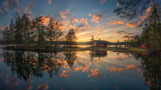 House island lake sunset red - a small island in the middle of a lake free wallpaper