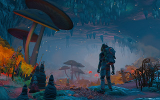 Cave man mushroom backpack space - his head in free wallpaper