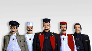 Fake mustaches uniforms group men - a white background behind them free wallpaper