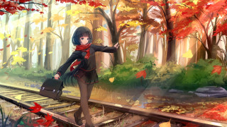 Woman traintrack forest autumn leaves - a train track free wallpaper